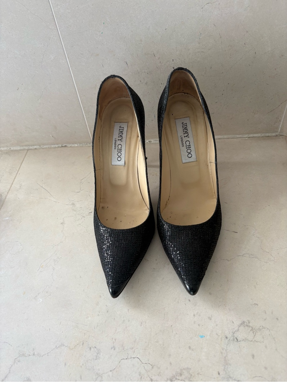 Jimmy Choo Black Sparkle Pointed Toe Pumps